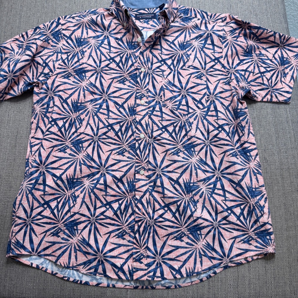 Roundtree & Yorke Mens Medium Orange Blue Palm Leaf Print Cotton SS Button Down